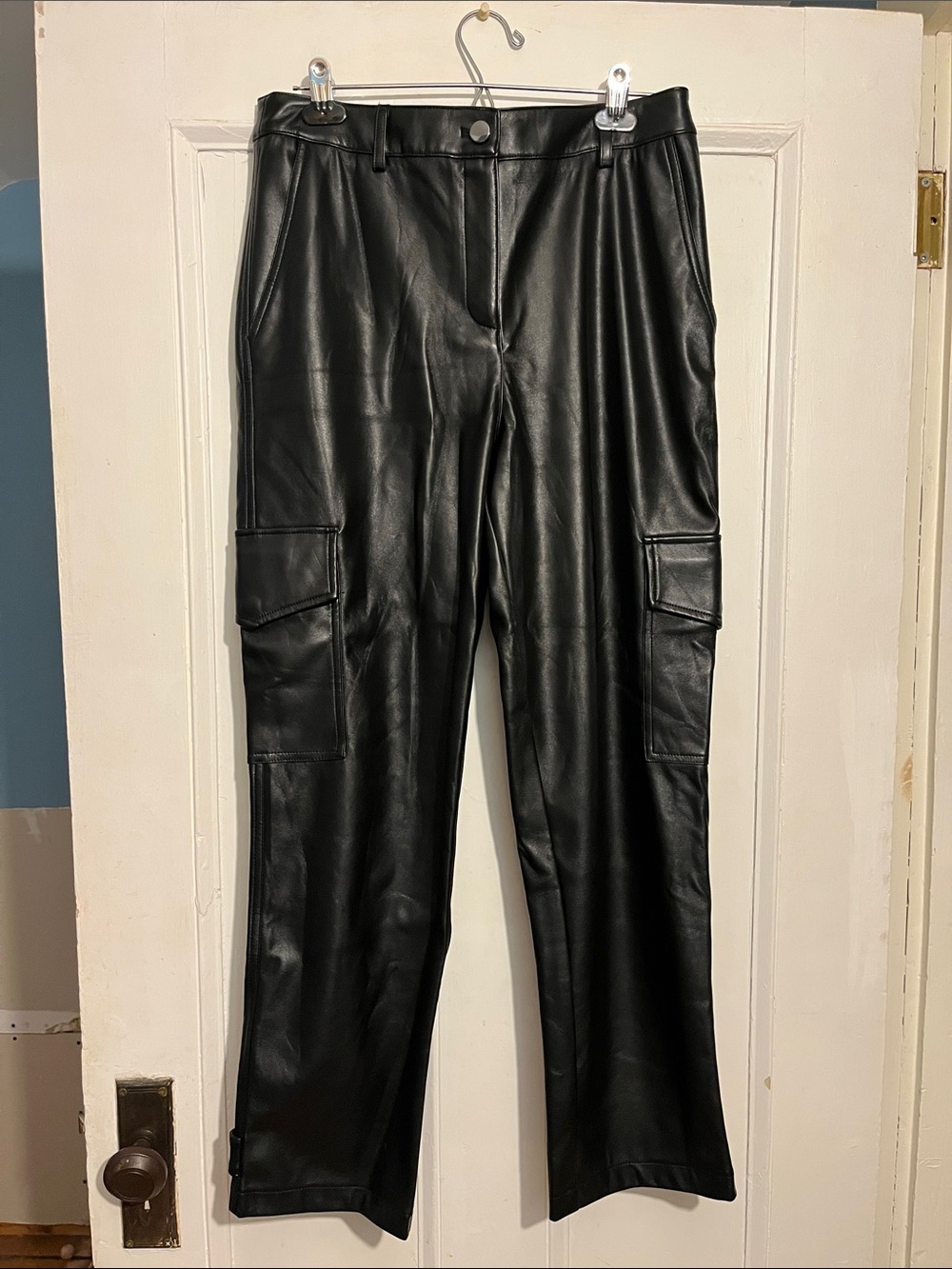 Black Faux Leather Cargo Pants - Women